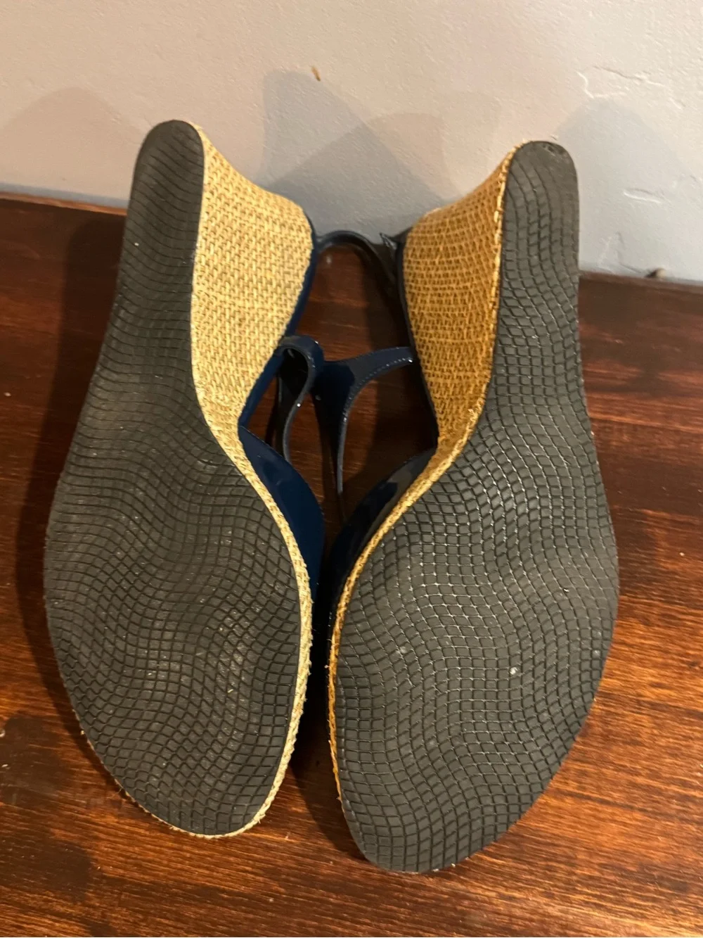 EUC Touch of Nina Navy Patent Wedge Sandals with Tan Rope Knot